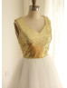 Gold Sequin Ivory Tulle Cut Out Back Sparkling Bridesmaid Dress
